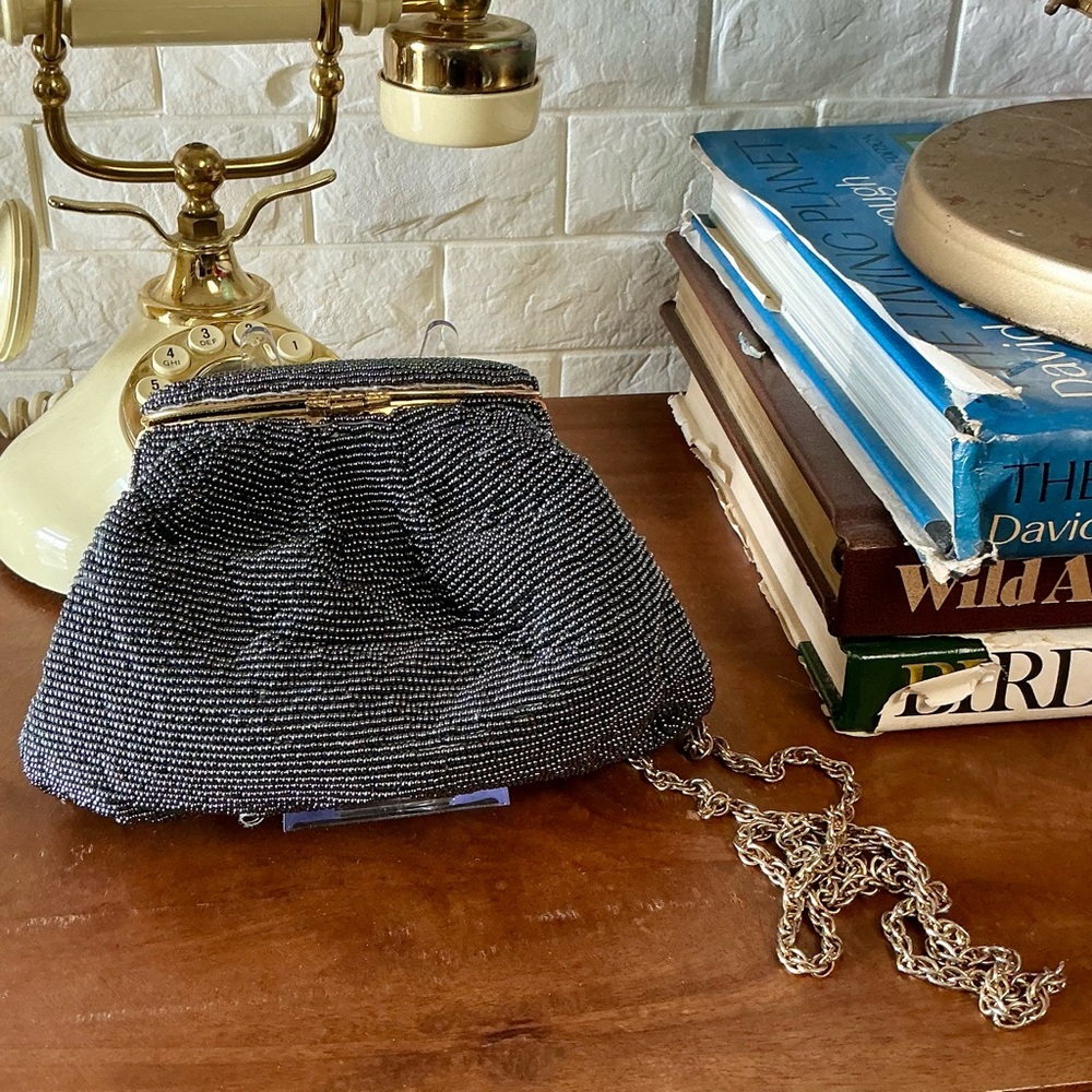 Vintage Nina Ricci Paris Pewter Beaded Evening Bag Gold-Tone Metal Clasp Frame - Picture 8 of 13